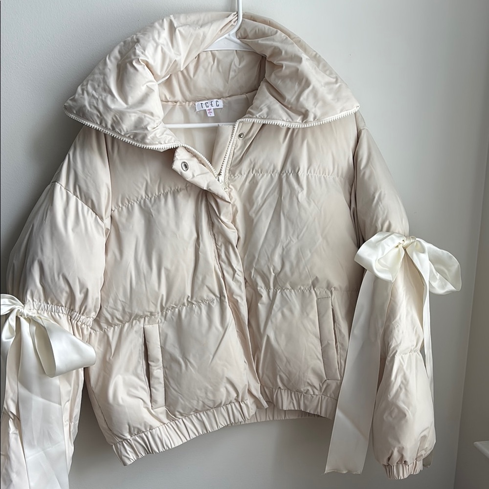 TCEC Cream Puffer Jacket with Bow Accents